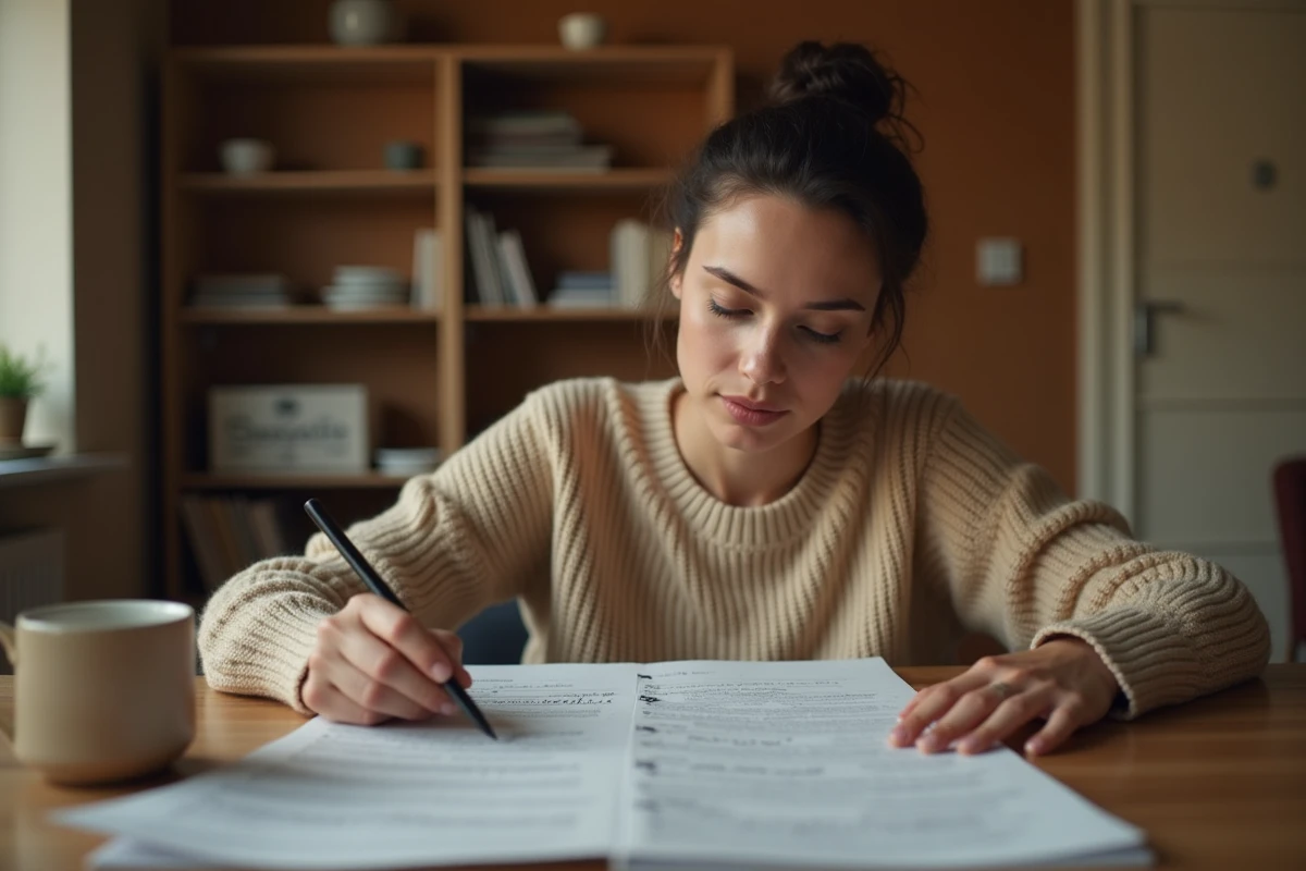 Femme étudiant le PDF 100 questions réponses pour l'entretien de naturalisation française à une table de cuisine