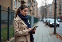 Femme en trench beige examine un repère urbain avec tablette