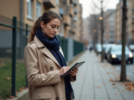 Femme en trench beige examine un repère urbain avec tablette