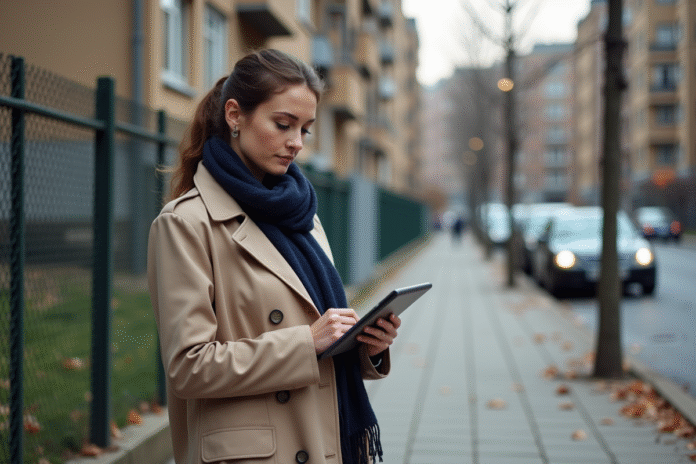Femme en trench beige examine un repère urbain avec tablette