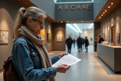 Femme en jean et foulard devant l'exposition Arcane à Montpellier