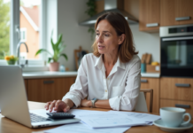 Pension alimentaire : quel montant minimum ? Calculs et conseils légaux Femme d'âge moyen en finances dans une cuisine lumineuse