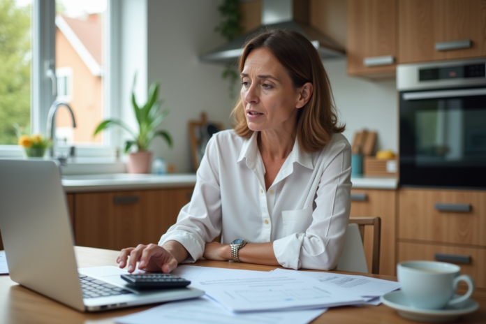 femme-finances-cuisine Femme d'âge moyen en finances dans une cuisine lumineuse