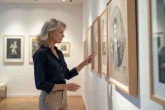 Femme d'âge moyen examinant une œuvre de Jean Bille dans une galerie d'art
