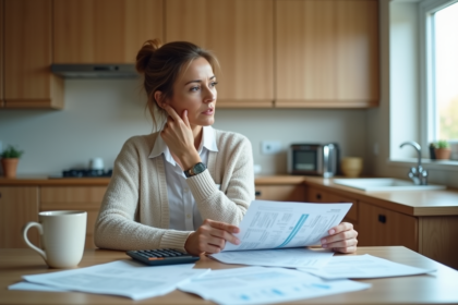 Femme d'âge moyen en tenue décontractée regarde ses relevés