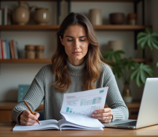 Femme en intérieur triant ses documents financiers