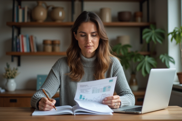 femme-gestion-finances Femme en intérieur triant ses documents financiers