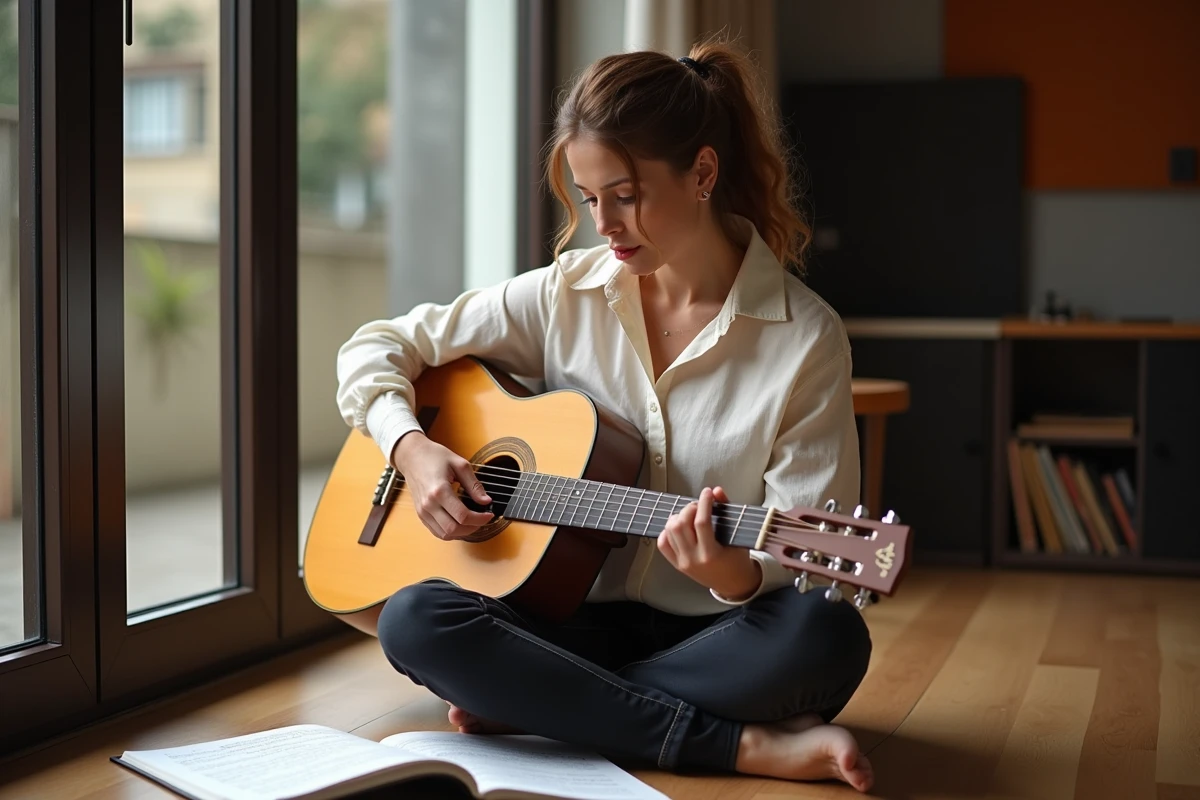 Guitariste féminine apprenant les accords de Cabrel avec une partition manuscrite dans un studio de musique épuré