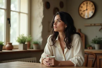 Femme contemplant une horloge affichant 08h08 dans une cuisine chaleureuse, signe de l'heure miroir et de l'ange gardien