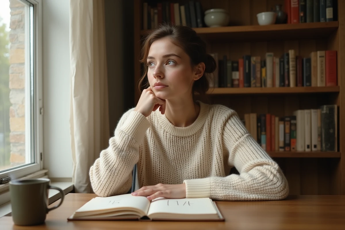Femme contemplant la signification du 1h11 dans un journal intime, assise près d'une fenêtre dans un intérieur cosy