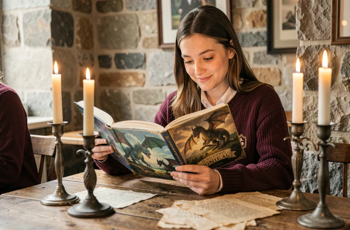 Jeune femme lisant une encyclopédie illustrée sur les dragons dans une atmosphère de style médiéval fantastique