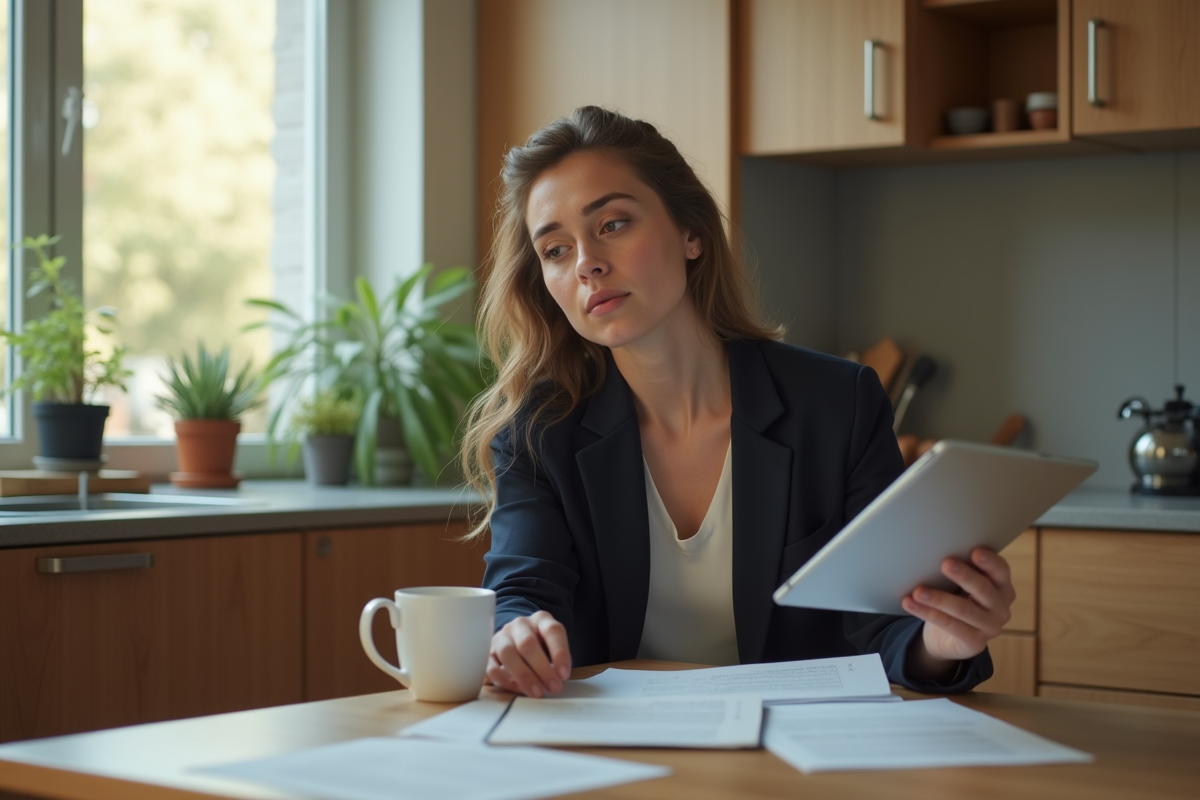 Femme jeune lisant des papiers dans une cuisine lumineuse