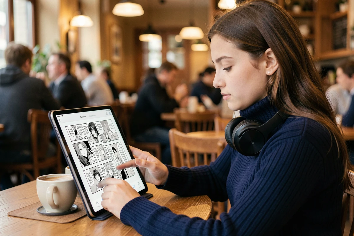 Jeune femme lisant un scan de manga One Piece sur une tablette dans un café