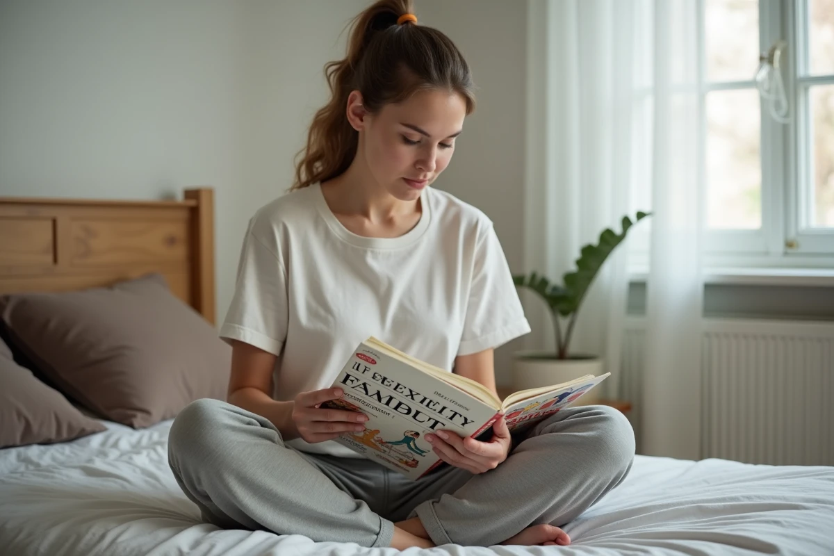 Femme lisant un guide sur la flexibilité dans sa chambre