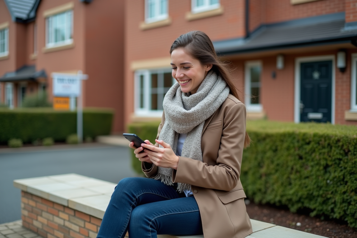 Jeune femme souriante devant une maison en vente