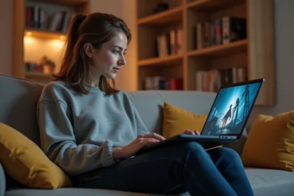 Femme naviguant sur un site de films du jour depuis son canapé avec un ordinateur portable