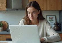 Jeune femme compare options d'assurance maison sur son ordinateur