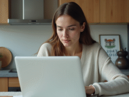 Comment trouver une assurance habitation pas chère : conseils et astuces Jeune femme compare options d'assurance maison sur son ordinateur