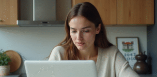 Comment trouver une assurance habitation pas chère : conseils et astuces Jeune femme compare options d'assurance maison sur son ordinateur