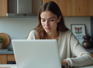 Comment trouver une assurance habitation pas chère : conseils et astuces Jeune femme compare options d'assurance maison sur son ordinateur