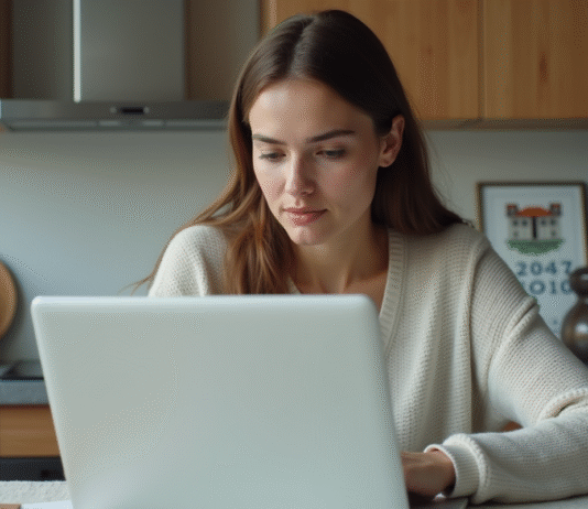 Jeune femme compare options d'assurance maison sur son ordinateur