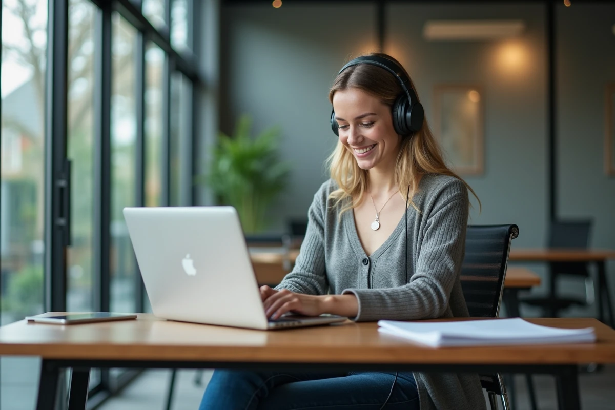 Femme souriante avec casque naviguant sur une radio rock en ligne