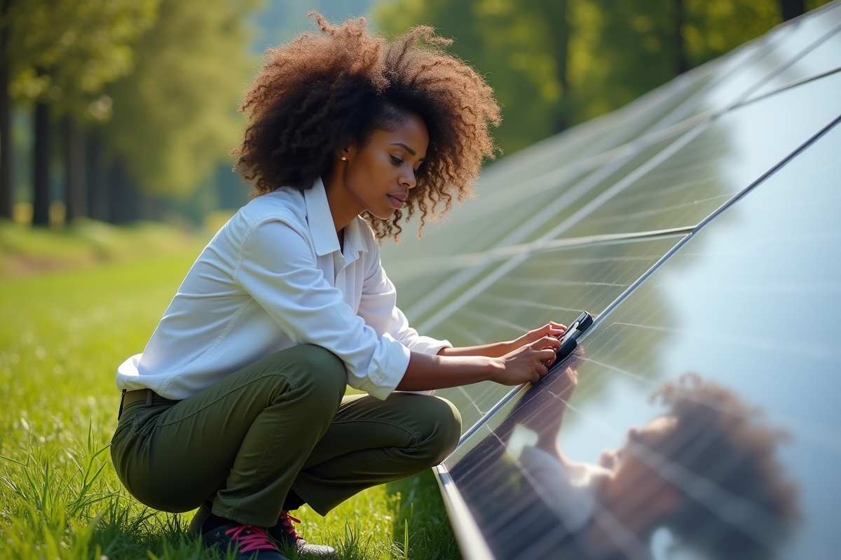 Jeune femme ajuste un panneau solaire dans un paysage naturel