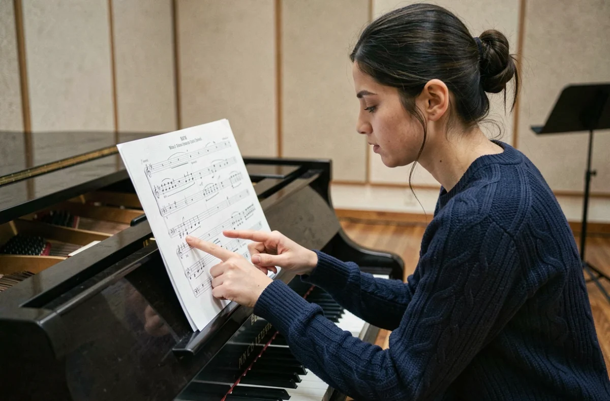 Jeune femme pianiste annotant une partition de Let It Be dans une salle de répétition de conservatoire
