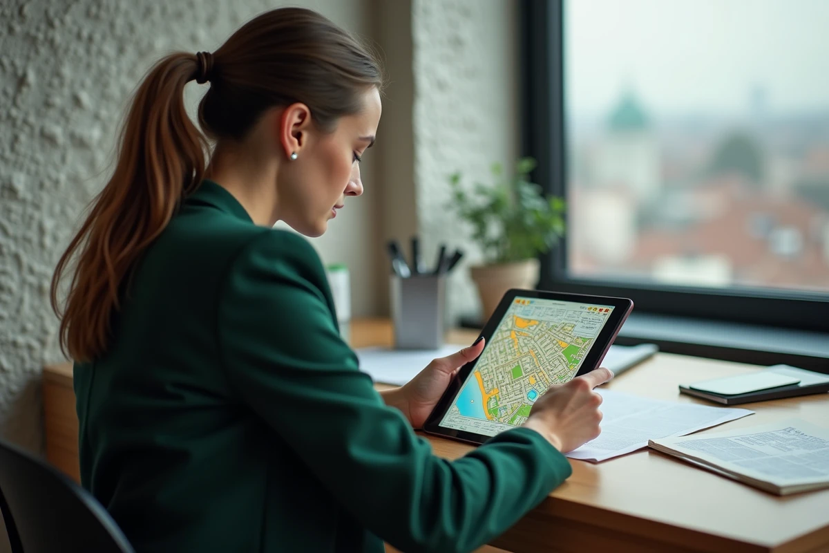 Jeune femme étudie une carte cadastrale dans un bureau