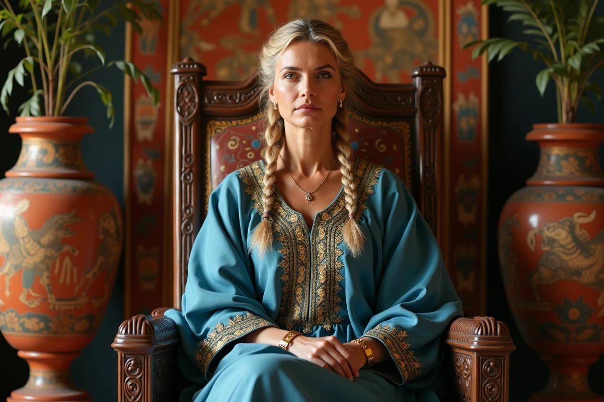 Femme en chiton assise dans un décor mythologique