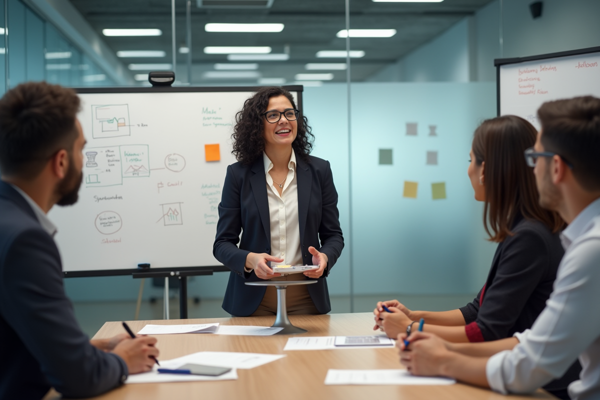 Femme présentant un prototype a une equipe en salle de reunion