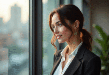 Femme professionnelle debout près d'une grande fenêtre lumineuse