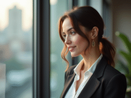 Femme professionnelle debout près d'une grande fenêtre lumineuse