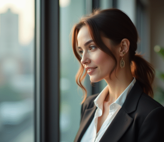 Femme professionnelle debout près d'une grande fenêtre lumineuse