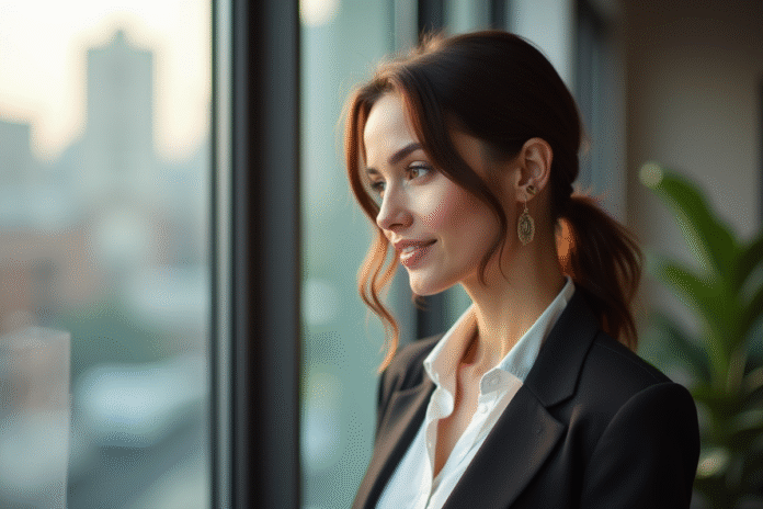 Femme professionnelle debout près d'une grande fenêtre lumineuse