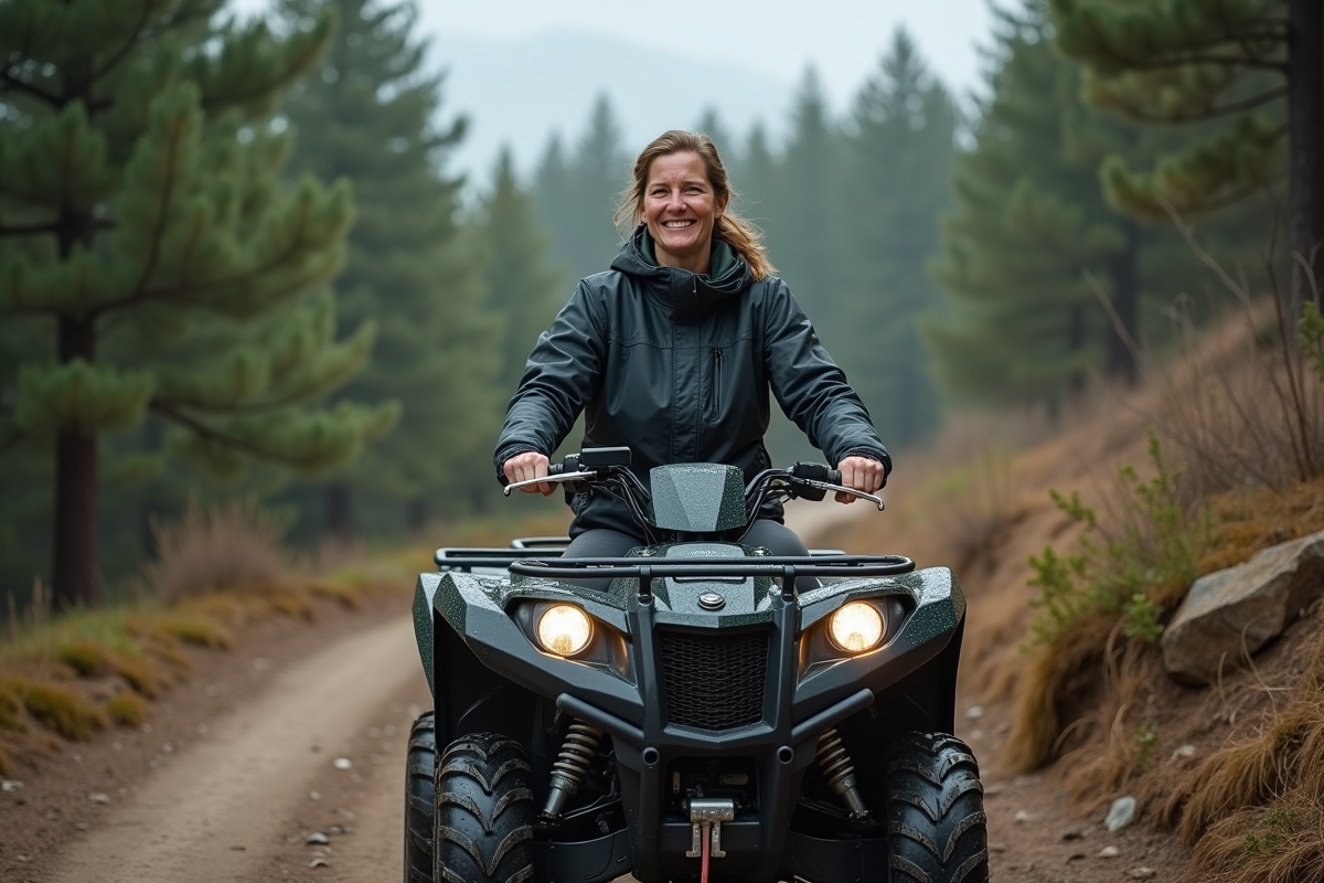 Femme souriante en quad dans la forêt de pins