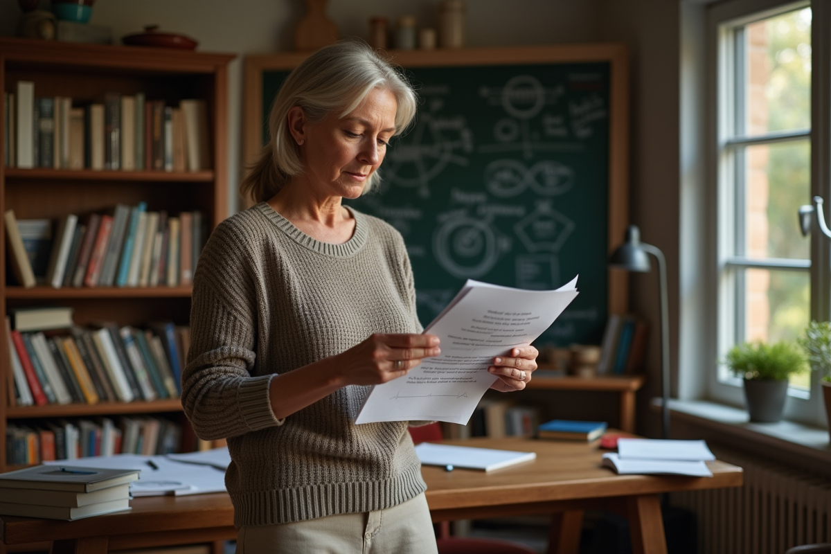 Femme lisant des documents dans un bureau cosy