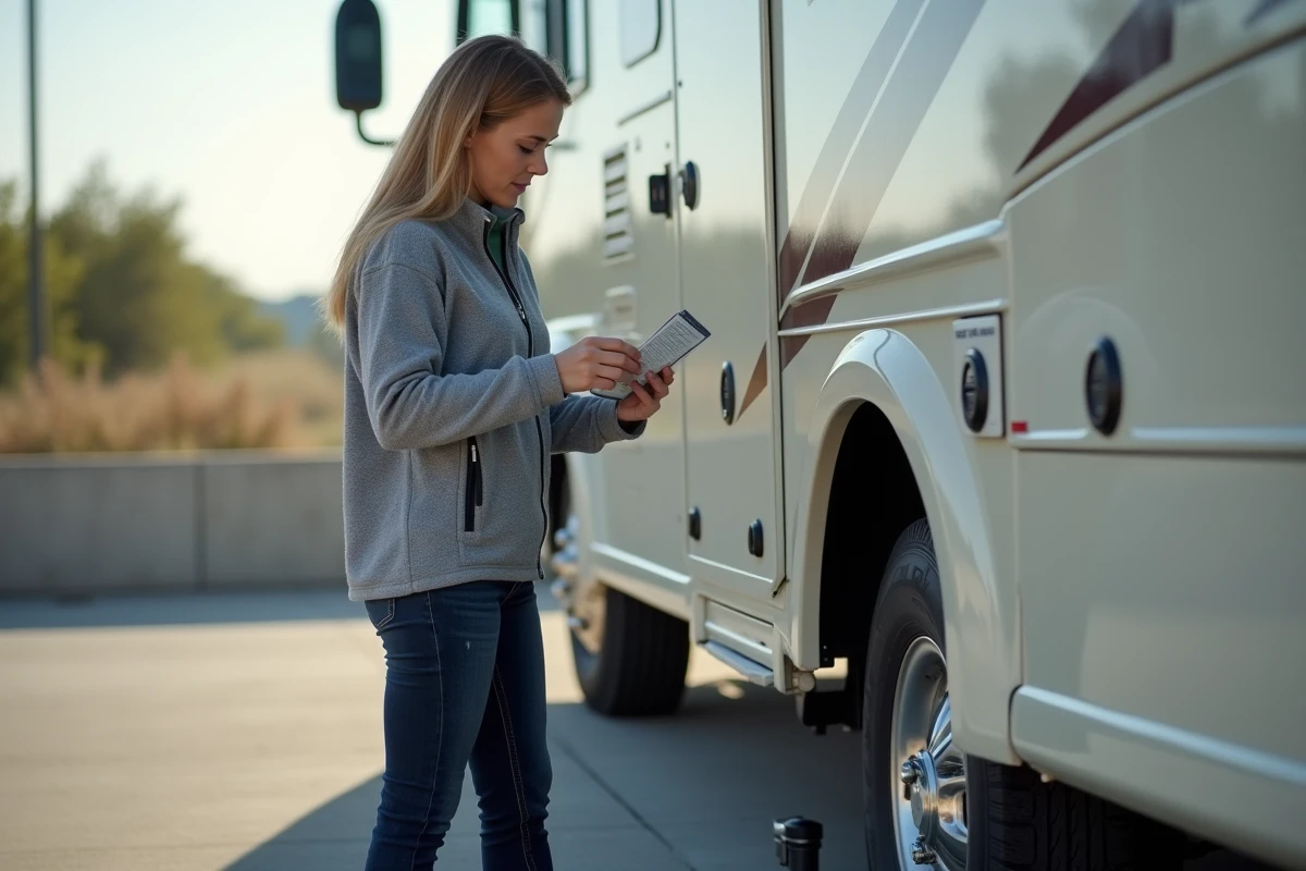 Femme consultant une fiche de pression recommandée en bar devant les roues arrière d'un camping-car