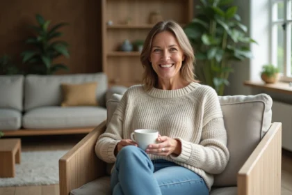 Femme souriante en pull détente avec tasse de thé dans un salon cosy