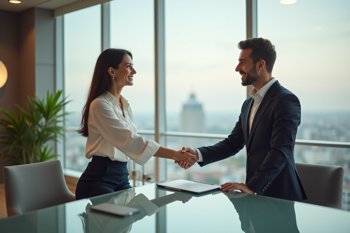 Femme et conseiller financier se serrant la main dans un bureau