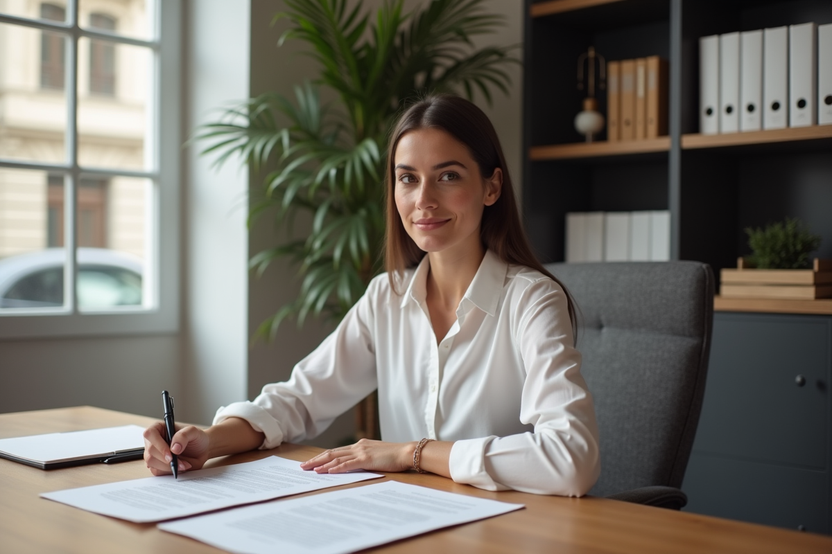Jeune femme signant un acte de propriété dans un bureau moderne
