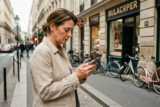 Femme consultant son smartphone dans la rue pour trouver un bureau de tabac à proximité