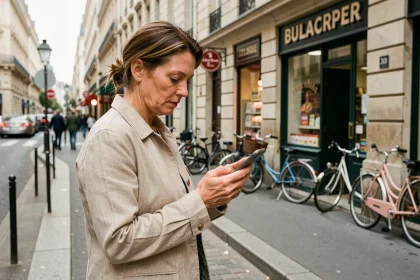 Femme consultant son smartphone dans la rue pour trouver un bureau de tabac à proximité