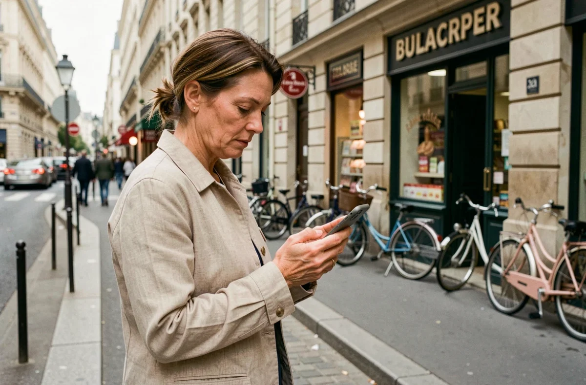 Femme consultant son smartphone dans la rue pour trouver un bureau de tabac à proximité