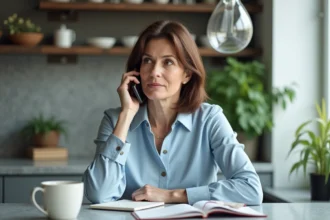 Femme d'âge moyen au téléphone dans une cuisine moderne