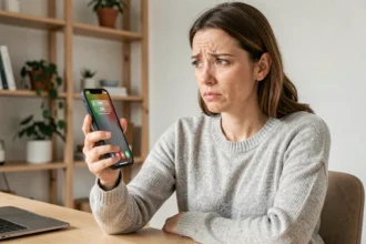 Femme tenant un smartphone affichant un numéro inconnu avec l'indicatif 346, expression interrogative dans un bureau à domicile moderne