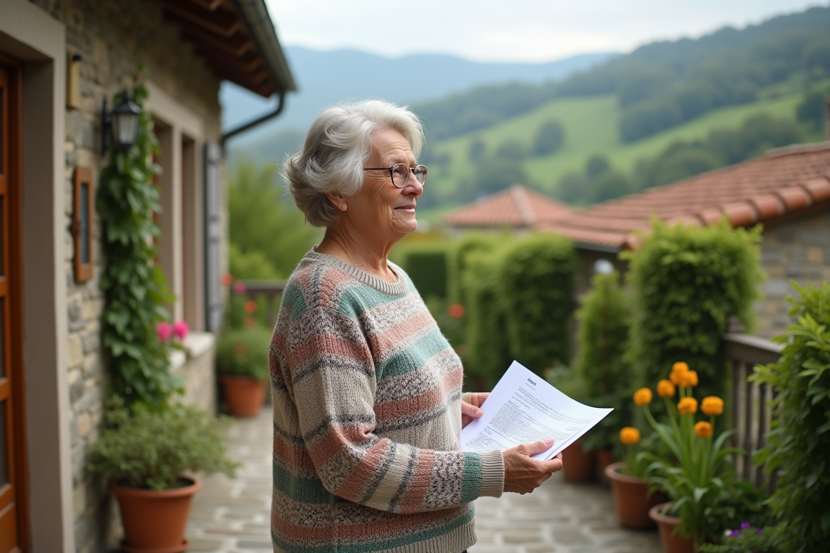 Femme senior dans un sweater regardant le jardin depuis la terrasse rurale