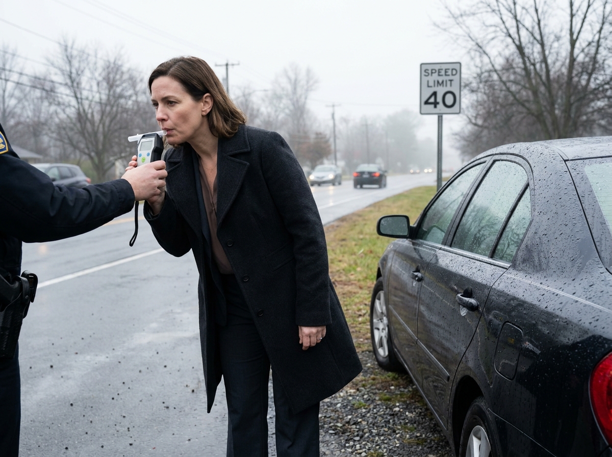 Femme soufflant dans un alcootest sur le bord de route