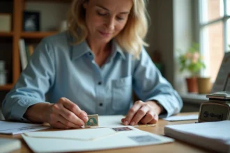 Femme collant un timbre sur une enveloppe blanche avec une balance postale sur un bureau en bois