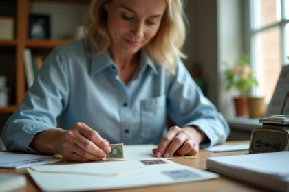 Femme collant un timbre sur une enveloppe blanche avec une balance postale sur un bureau en bois